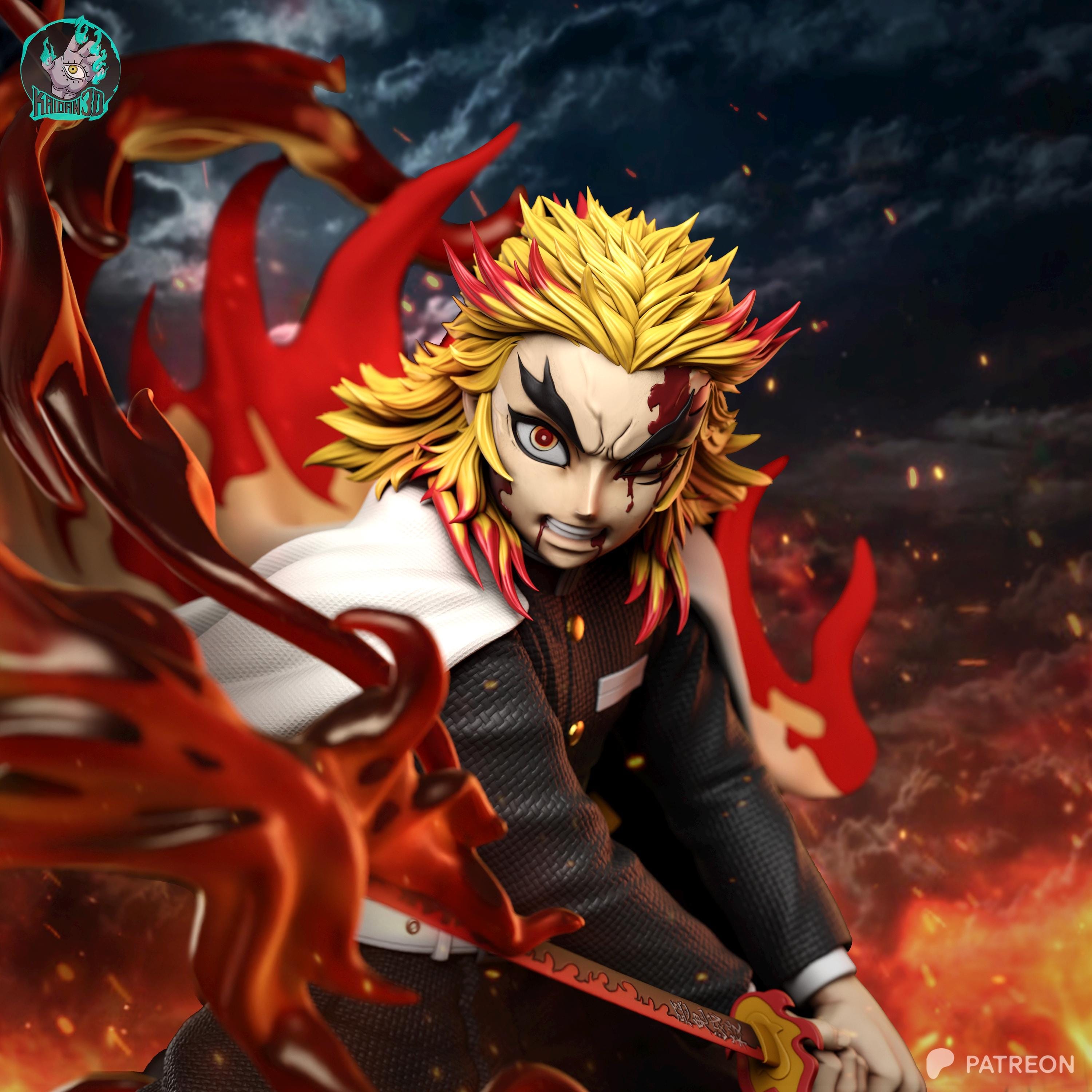 Pillar Of The Blazing Heart - Flame Swordsman Demon Hunter Inferno Anime Kyōjurō Rengoku Resin Figure 16K